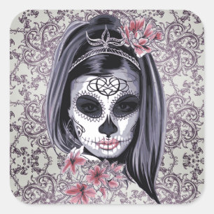 Grått/Rosa Sugar Skull/Day of the dead Girl Sticke Fyrkantigt Klistermärke