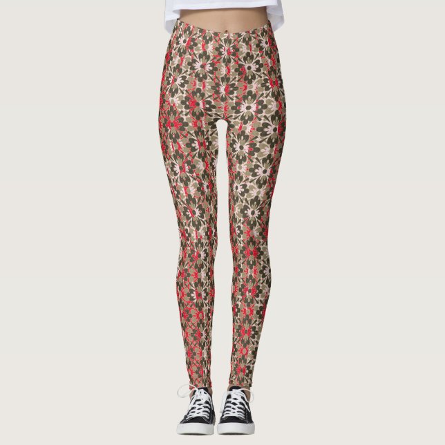 Grått-, rött- och svartblommor leggings (Framsida)