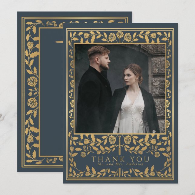 Grått Royal Medieval Sword Bröllop Tack Kort (Fram/baksida)