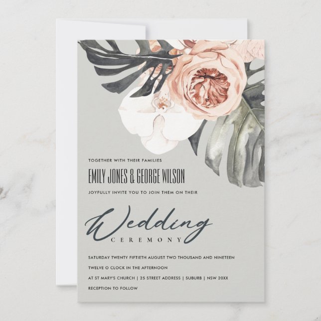 GRÅTT RUST BLOMMIGT MONSTRERA LÖV WEDDING INVITE TACK KORT (Framsida)