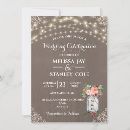 Grått Rustic Mason Burk Flower String Ljus Bröllop Inbjudningar