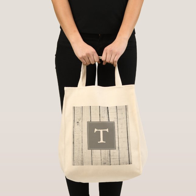 Grått Rustic Monogram Tote Bag Tygkasse (Framsida (produkt))
