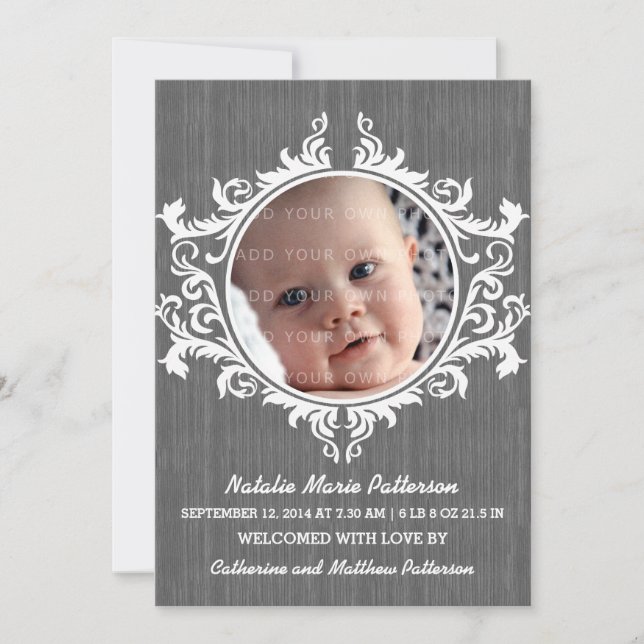 Grått Rustic Swirls Baby Announcement Meddelande (Framsida)