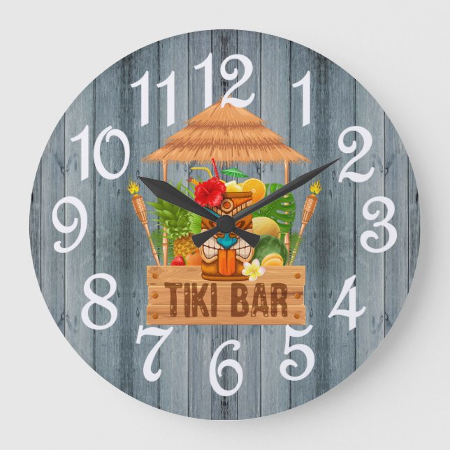 Grått Rustic Tiki Pub Large Clock Stor Klocka (Framsida)