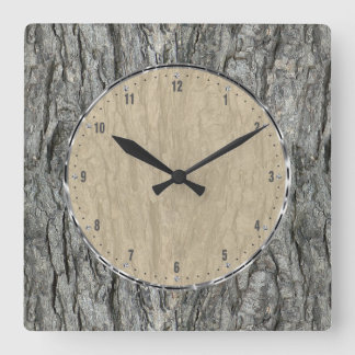 Grått Rustic Wood Bark Fyrkantig Klocka