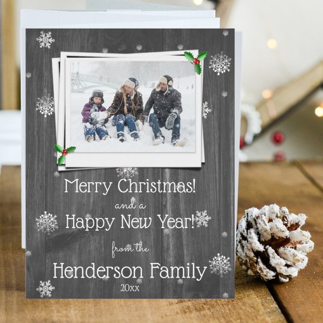 Grått Rustic Wooden Flat Helgdag Photo Card Julkort (Gray Rustic Wooden Photo Christmas Card)