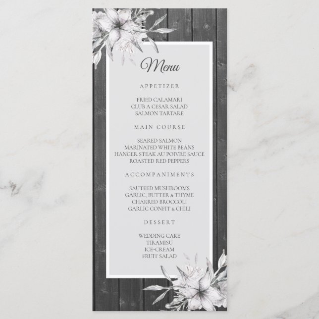 Grått-rustik. Blommigt bröllop Meny (Framsida)