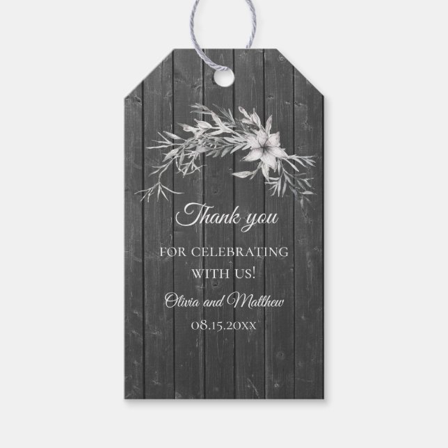 Grått-rustik. Tack av blommigt bröllop Presentetikett (Framsidan)