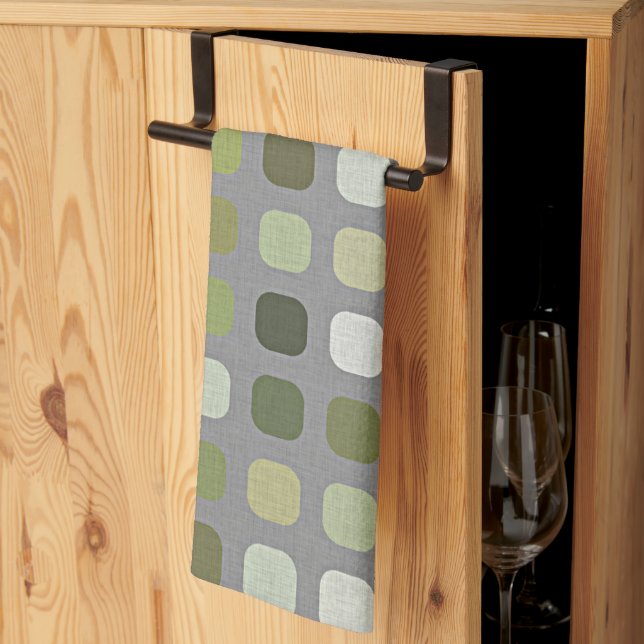 Grått Sage Oliv grönt Round Squares Art Mönster Kökshandduk (Thirds Fold)