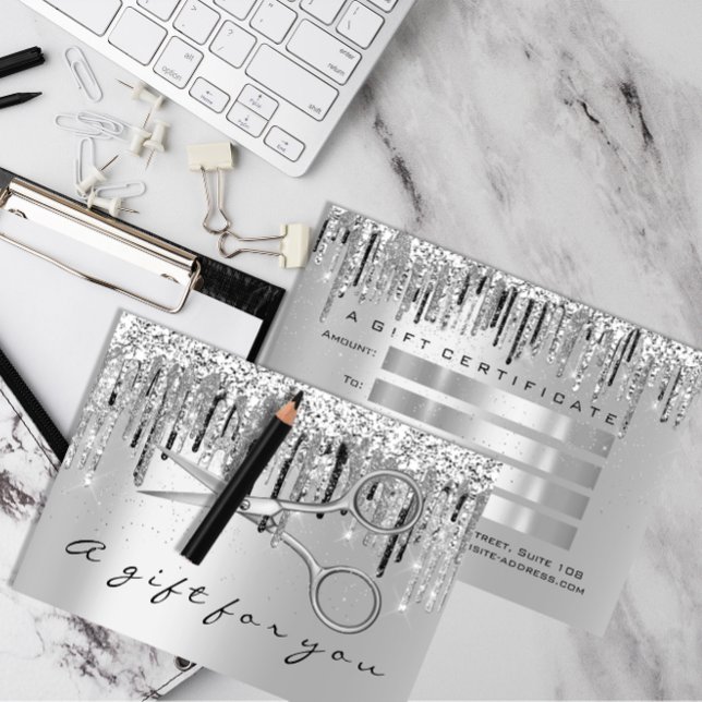 Grått-saxar i Silver- med presentkort Visitkort (Gift Certificate Hair Stylist Silver Gray Scissors)