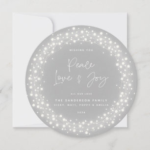 Grått Script Font Peace Kärlek+Joy Sparkling Ljus Julkort