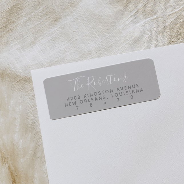 Grått Script Namn-Returetiketter Returadress Etikett (Gray modern minimal script return address labels.)