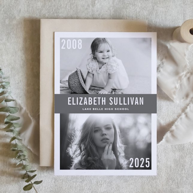 Grått Sen och nu Photo Collage Studenten Inbjudningar (Customizable then and now photo collage graduation invitation featuring modern lettering. )
