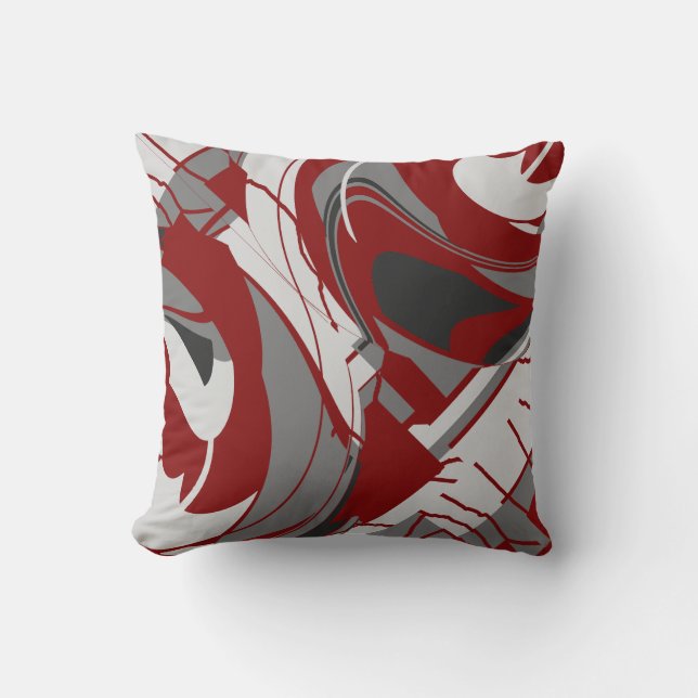 Grått Shades på Mörk Red Flowing Blommigt Abstrakt Kudde (Framsida)