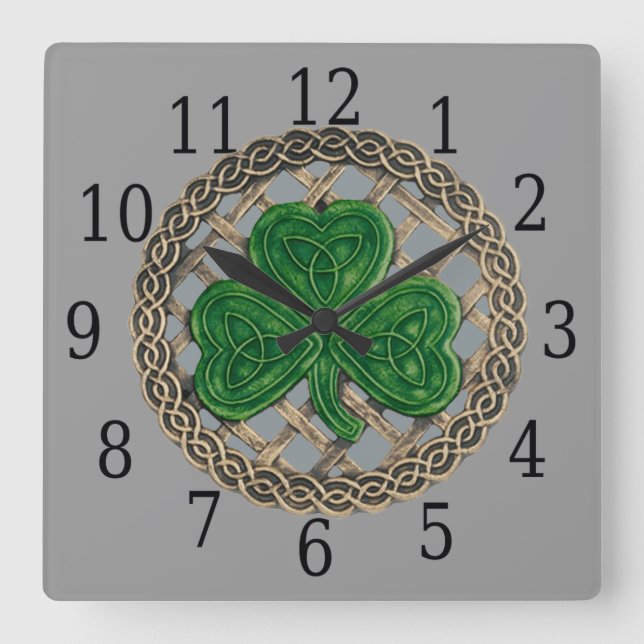 Grått Shamrock och keltiska knoppar Fyrkantig Klocka (Framsida)