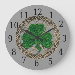 Grått Shamrock och keltiska knoppar Stor Klocka