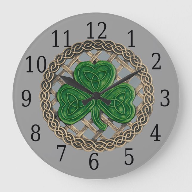 Grått Shamrock och keltiska knoppar Stor Klocka (Framsida)