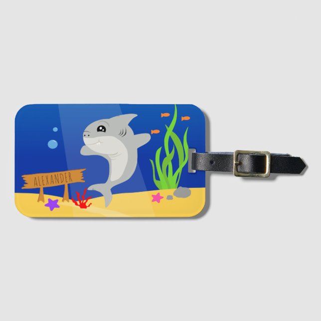 Grått Shark Colorful Ocean Tecknad Bagagebricka (Framsida horisontal)