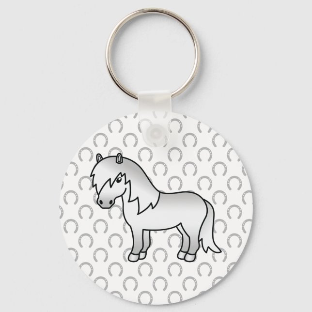 Grått Shetland Pony Cute Tecknad Illustration Nyckelring (Framsida)