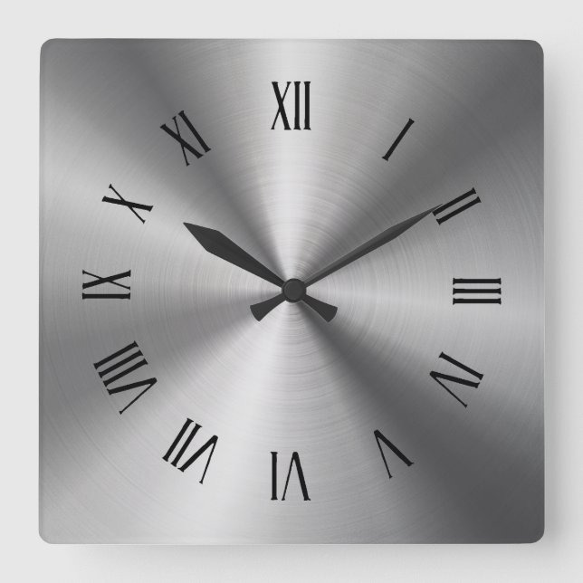 Grått Shiny Metallic Stainless Steel Roman Numeral Fyrkantig Klocka (Framsida)