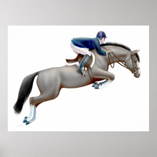 Grått Show Jumping Horse Print Poster (Framsidan)