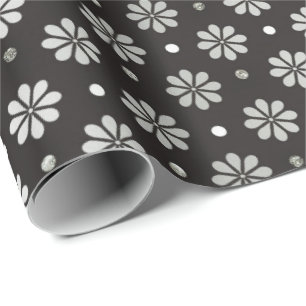 Grått Silver Black Foil Blommigt Daisy Dots Presentpapper