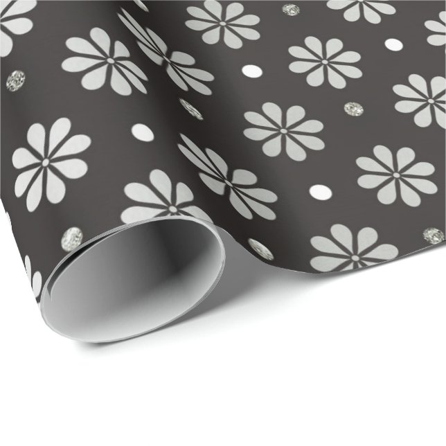 Grått Silver Black Foil Blommigt Daisy Dots Presentpapper (Rullad Hörn)