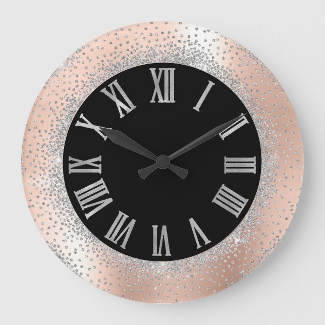 Grått Silver Crystals Black Ro Roman Numbers Stor Klocka (Framsida)