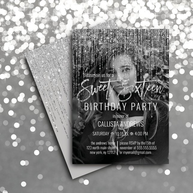 Grått Silver Glitter Fringe fotopapper 16 Inbjudningar (Skapare uppladdad)
