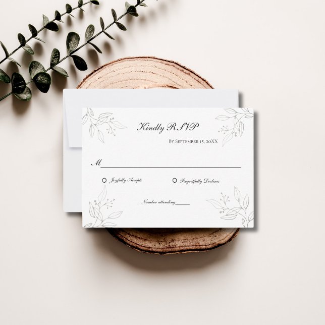 Grått Silver Löv minimalistiskt Bröllop OSA Kort (Silver Gray Leaves Botanical Wedding RSVP card)