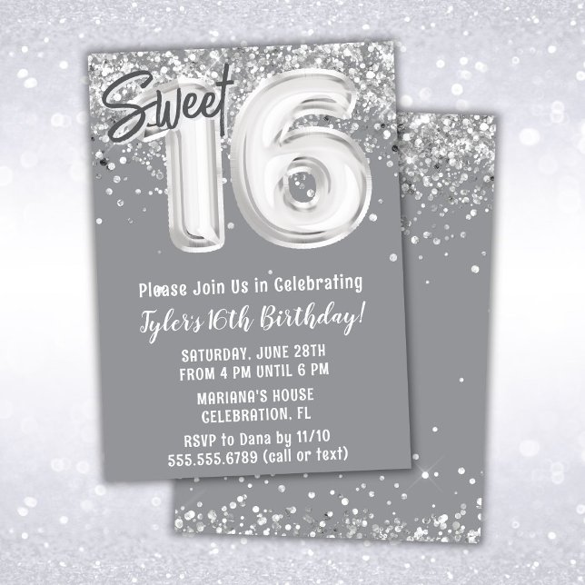 Grått Silver Sweet 16:e Födelsedagsfesten Inbjudningar (Skapare uppladdad)