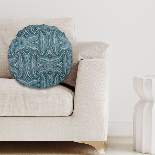 grått silver-turkos tealblåbohemi rund kudde (grey silver turquoise teal blue bohemian round pillow)