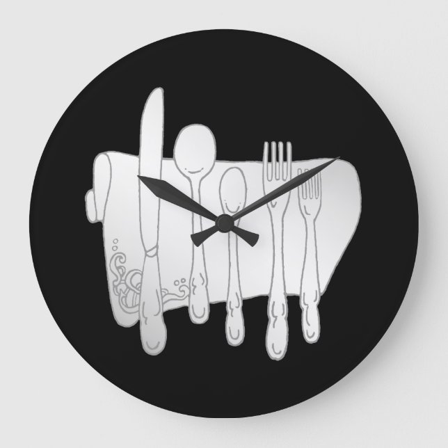 Grått Silverware på Black Kitchen Wall Clock Stor Klocka (Framsida)
