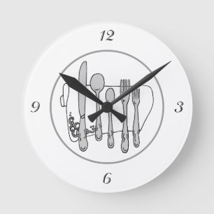 Grått Silverware White Napkin Black Numbers Clock Rund Klocka