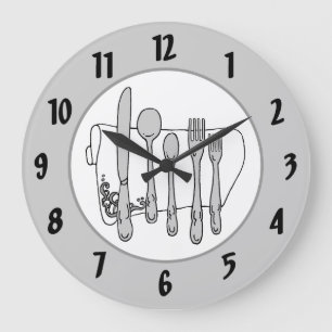 Grått Silverware White Napkin Black Numbers Clock Stor Klocka