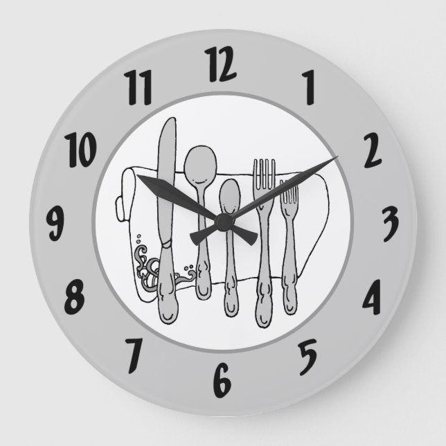Grått Silverware White Napkin Black Numbers Clock Stor Klocka (Framsida)