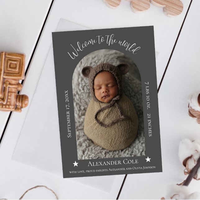 Grått Simple Arch Ram Photo Birth Notice Meddelande (Gray Simple Arch Frame Photo Birth Announcement)