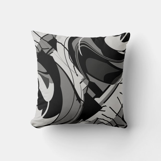 Grått-skuggor på Blommigten Svart Abstrakt Flowing Kudde (Framsida)