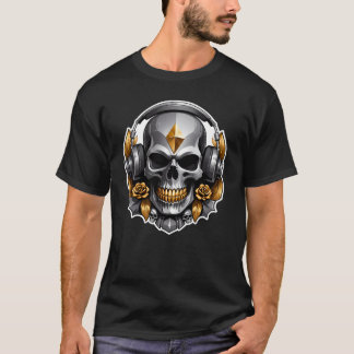 Grått Skull Guld Flowers med hörlurar T Shirt