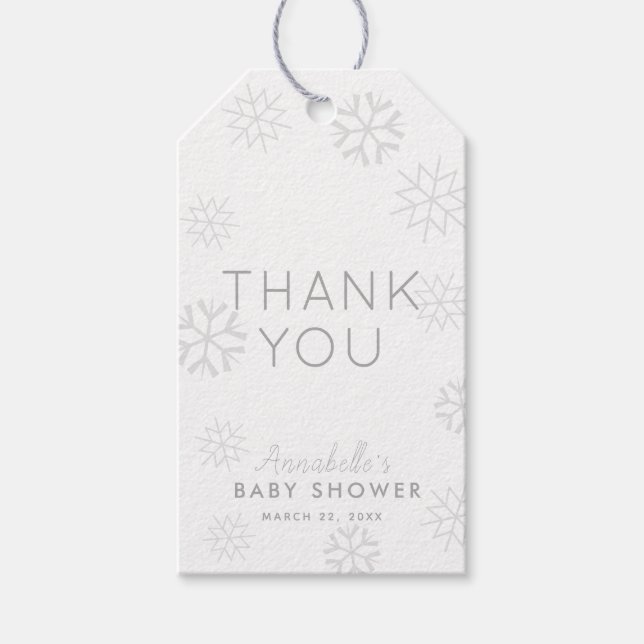 Grått Snöflingor Baby sitt Kall utanför Tack Presentetikett (Framsidan)