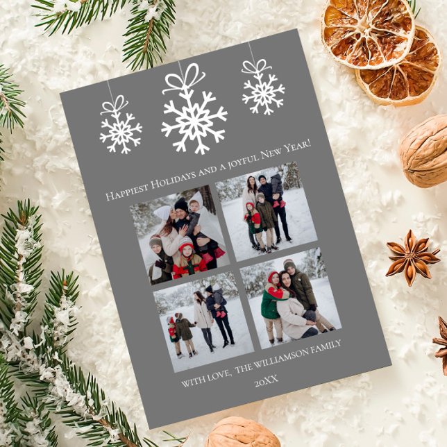 Grått Snowflake Ornaments Photo Collage Julkort (Gray Snowflake Ornaments Photo Collage Holiday Card)