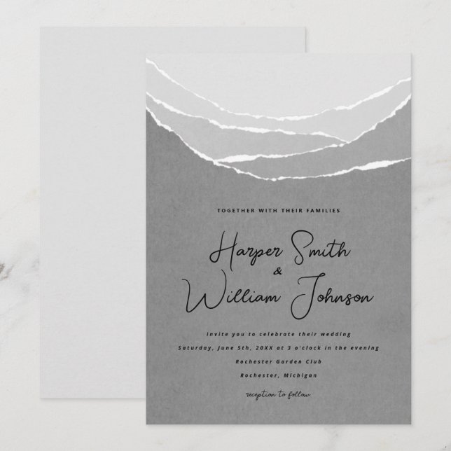 grått söndersliten i pappra berg bröllop inbjudningar (Fram/baksida)