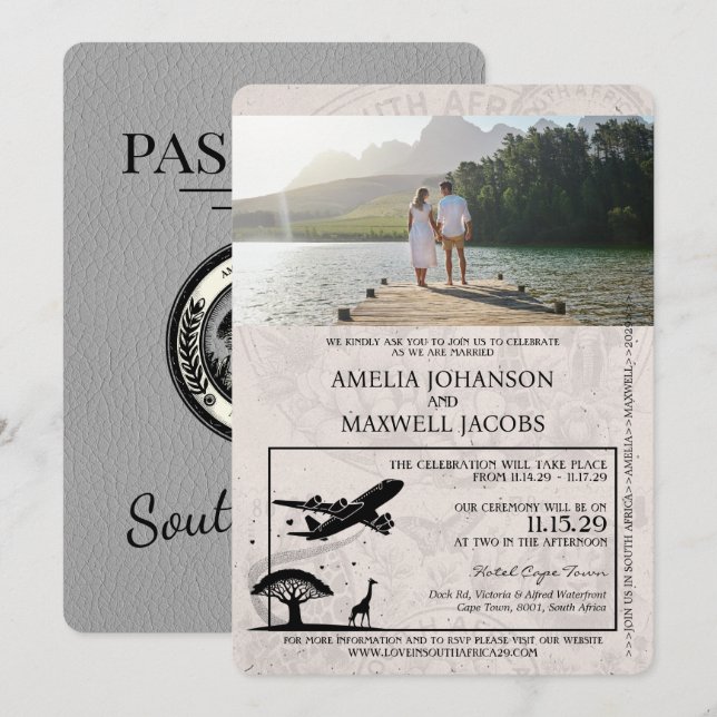 Grått South Afrika Passport bröllop - inbjudan (Fram/baksida)