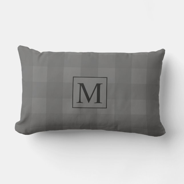 Grått Squares Geometric Gingham Mönster Monogram Lumbarkudde (Framsida)