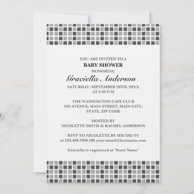 Grått Squares Mönster Baby Shower Inbjudningar (Framsida)