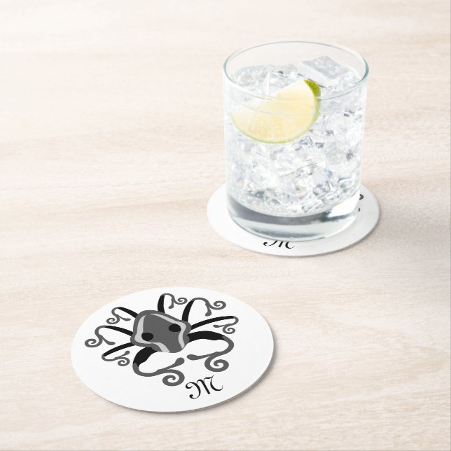 Grått Squid Monogram Underlägg Papper Rund (Insitu)