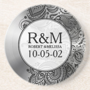 Grått Stainless Steel look Black Paisley Snöre Underlägg Sandsten