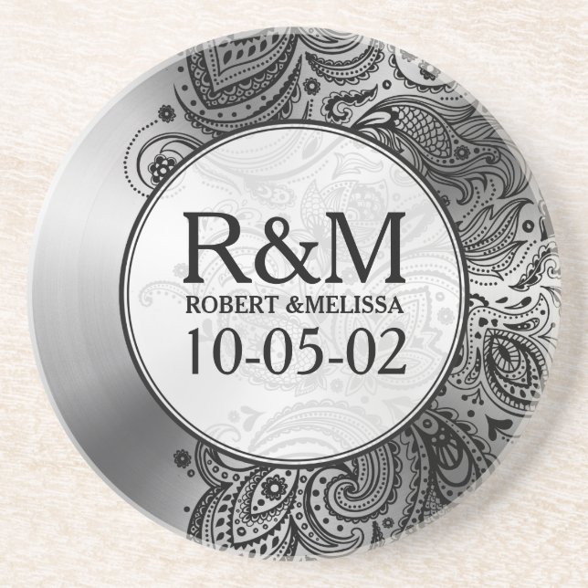 Grått Stainless Steel look Black Paisley Snöre Underlägg Sandsten (Framsidan)