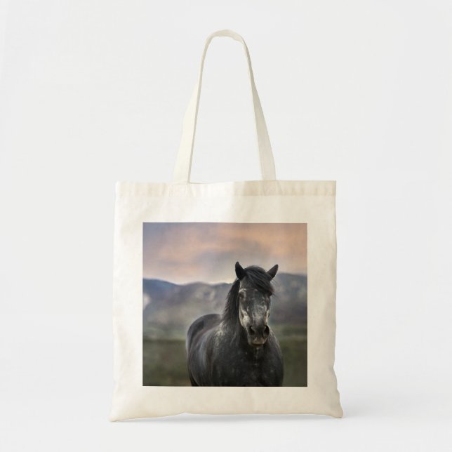 Grått Stallion Horse Reusable Tote Bag Tygkasse (Framsidan)