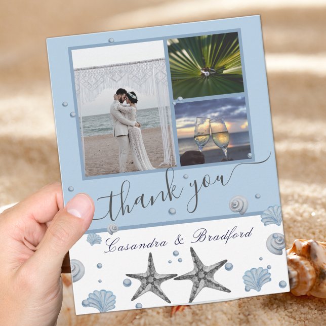 Grått Starfish Blue Beach Wedding Tack Kort (Skapare uppladdad)